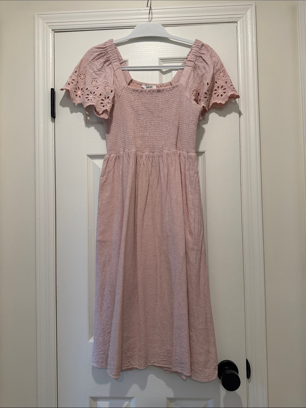 Madewell Blush Pink Smocked Midi Dress with Eyelet Puff Sleeves